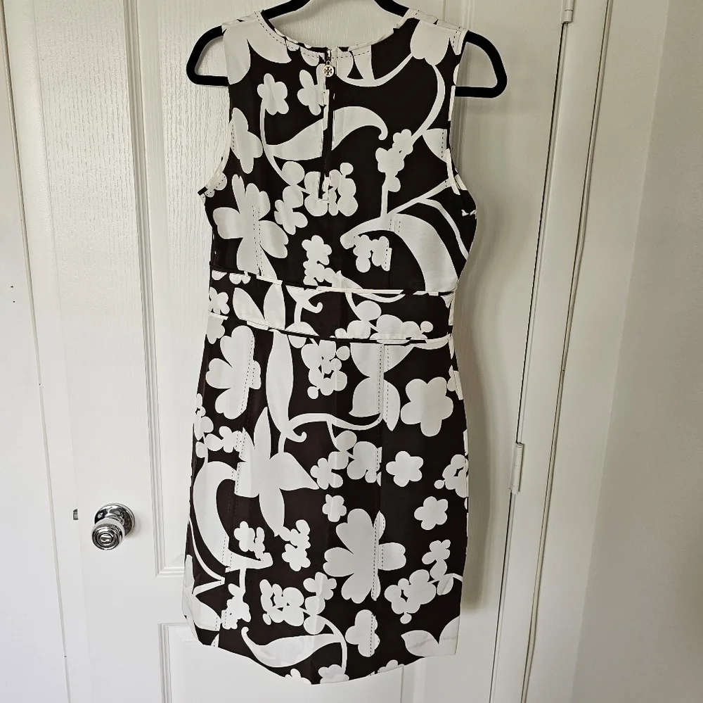 Tory Burch Silk Dress Size 10 Brown White Bold Floral A-Line Top Stitching